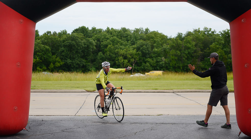 Missy Brooks curves right through the finish line archway